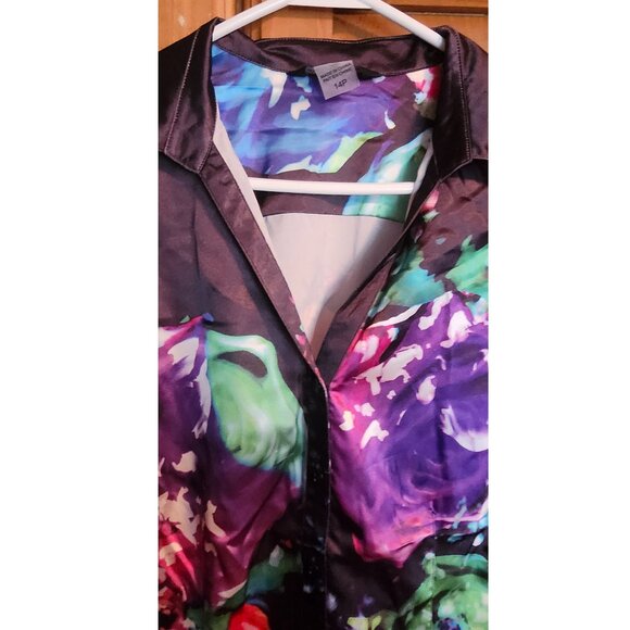 NEW Bianca Nygard Water Colored Blouse Sheer Black Sleeves Petite Size 8P - Picture 2 of 6